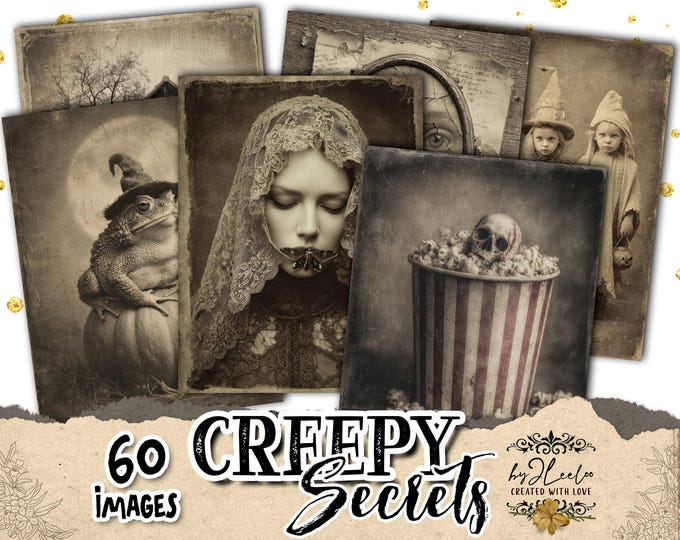 CREEPY SECRETS PORTRAITS – vintage haunted halloween illustrations 3 sizes | spooky family, ghostly figures, gothic ephemera decor | pp973