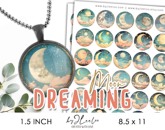 DREAMING MOON 1.5 inch printable whimsical illustration | Celestial supplies round pendant sticker charm pin magnet | Mystical gift | tn729
