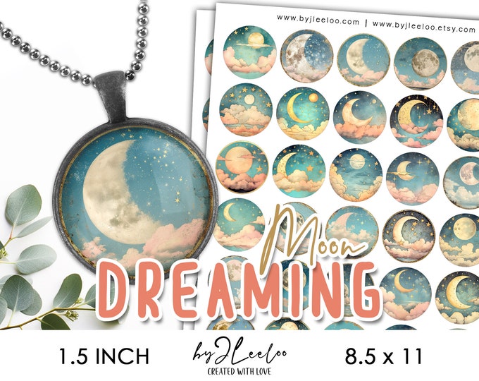 DREAMING MOON 1.5 inch printable whimsical illustration | Celestial supplies round pendant sticker charm pin magnet | Mystical gift | tn729