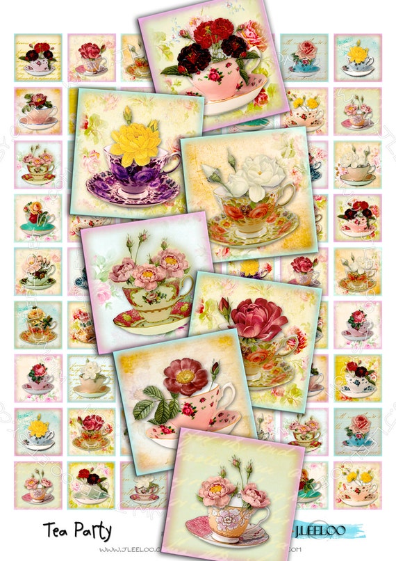 Digital collage TEA PARTY 1x1 inch square drink tea cup rose romantic flowers magnet stickers pendant instant download printable qu373