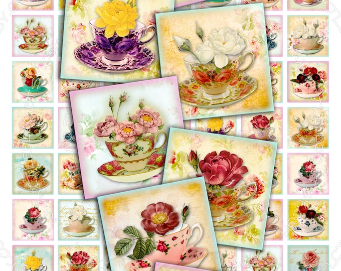 Digital collage TEA PARTY 1x1 inch square drink tea cup rose romantic flowers magnet stickers pendant instant download printable qu373