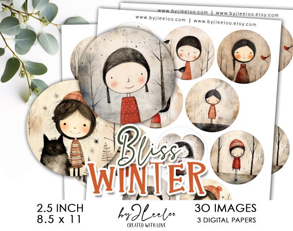 WINTER BLISS 2.5 inch printable Christmas | Holidays supplies round pendant charms glass cabochon magnet| journal scrapbooking craft | tn701