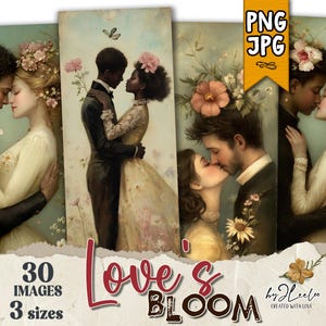 May include: A digital art print featuring four couples in love, each with a different skin tone. The couples are surrounded by flowers and greenery. The print is titled "Love's Bloom" by J. LeeLoo, Created with Love.