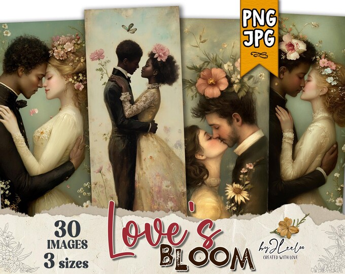 LOVE'S BLOOM PNG Jpeg 3 sizes bookmarks sublimation | card vintage Fussy Cuts Gift Valentine | label tag printable junk journal cu | bm125
