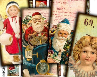 May include: A digital collage of vintage Christmas images featuring Santa Claus, angels, children, and holiday scenes. The images are in various colors, including red, green, blue, and gold. The collage is perfect for crafting, scrapbooking, or digital design projects.
