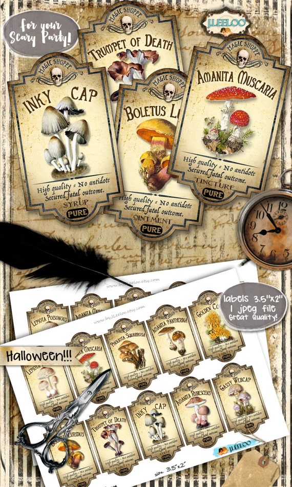 POISON bottle jar apothecary labels Halloween party grunge tag mushrooms instant download printable digital collage sheet tl179