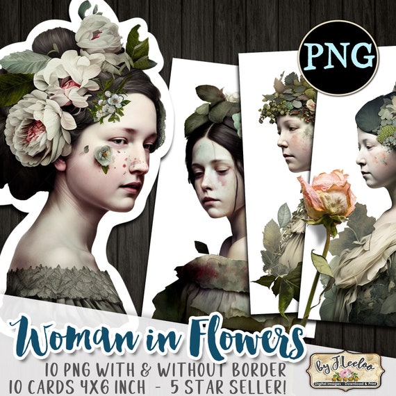 WOMAN in FLOWERS 10 png for scrapbook junk journal Victorian antique Romantic | fussy cuts Diary printable DIY paper art Ephemera | cl136