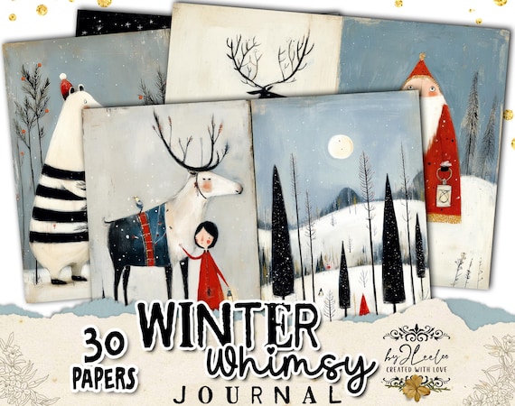 WINTER WHIMSY JOURNAL – whimsical Christmas illustrations for junk journaling, scrapbooking, cardmaking| holiday vintage folk look | ppK05