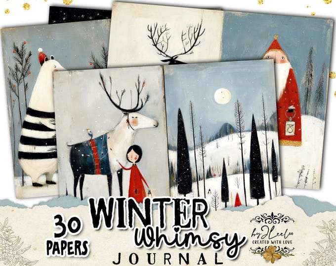 WINTER WHIMSY JOURNAL – whimsical Christmas illustrations for junk journaling, scrapbooking, cardmaking| holiday vintage folk look | ppK05