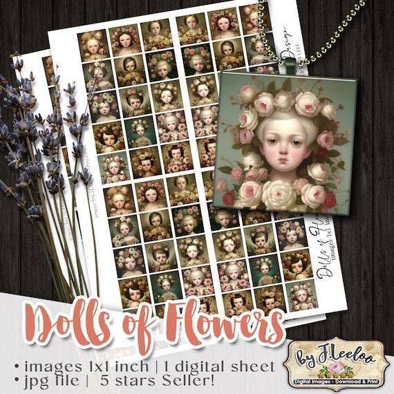 DOLLS of FLOWERS strange square pendants | 1 x 1 printable digital images | romantic portrait | flower chic vintage | instant download qu549