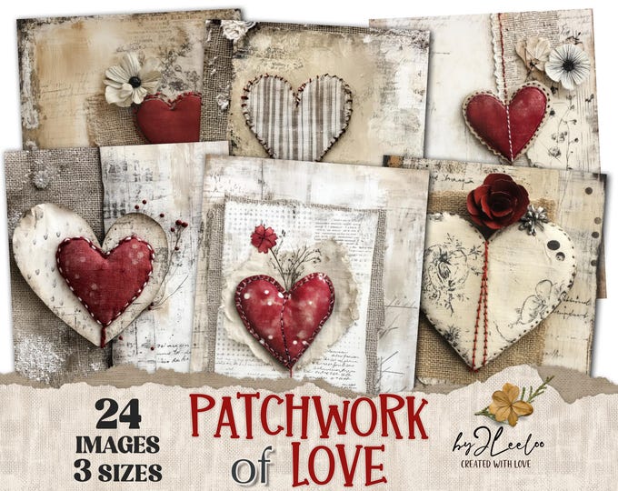 PATCHWORK OF LOVE 24 background 3 Sizes | Junk Journal Pages | Backdrop Rustic Burlap papers | scrapbook digital | Commercial Use | pp909