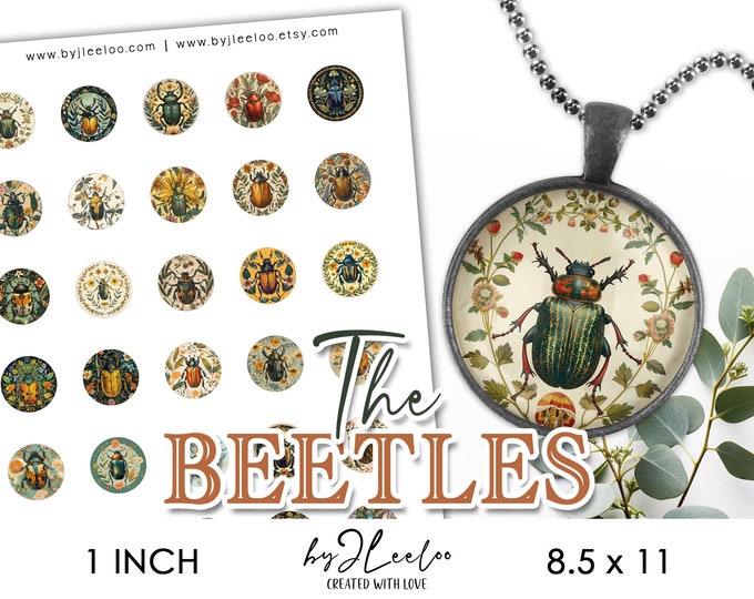 THE BEETLES 1 inch printable | supplies round pendants jewelry sticker charm mirror pin brooch | Insectology decoration Entomology | tn783