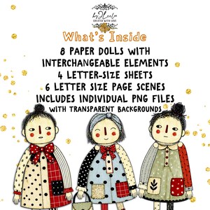 Puede incluir: Ilustraci&oacute;n de tres mu&ntilde;ecas de papel con elementos intercambiables. La imagen incluye el texto "What's Inside" y enumera el contenido: 8 mu&ntilde;ecas de papel, 4 hojas tama&ntilde;o carta y 6 escenas de p&aacute;gina con archivos PNG.