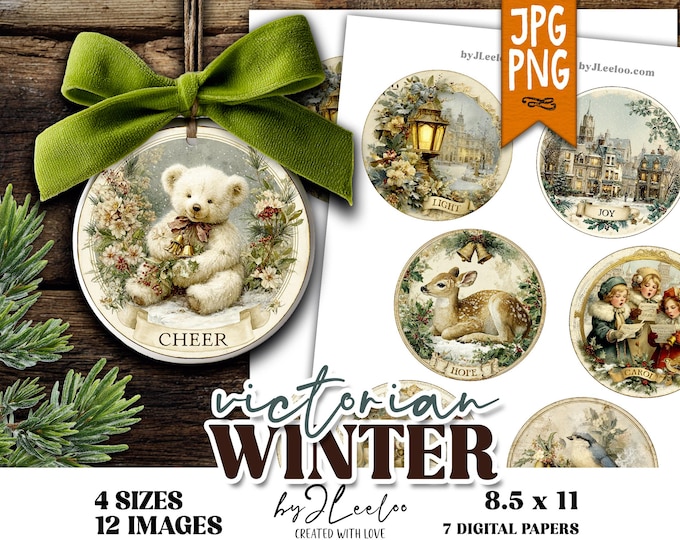 VICTORIAN WINTER vintage Christmas ornaments round images in 4 sizes, soft Victorian holiday art for junk journals & crafts | tn854