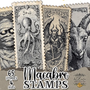 Puede incluir: Una colección de cuatro sellos postales de estilo vintage con ilustraciones macabras. Los sellos presentan una momia, un pulpo, un diablo y una cabra. El texto "Macabre Stamps" se muestra en una fuente estilizada, junto con el texto "65 Images" y "4 Sizes".