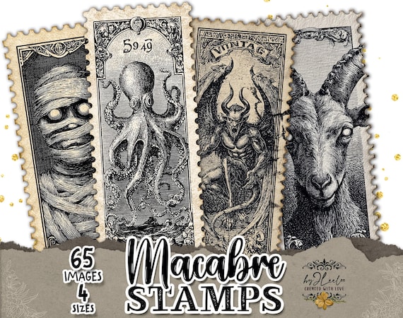 MACABRE STAMPS Collection 65 Vintage Spooky Postage Stamp Illustrations Dark Gothic Halloween Ephemera Junk Journal Printable Sheets | bm135