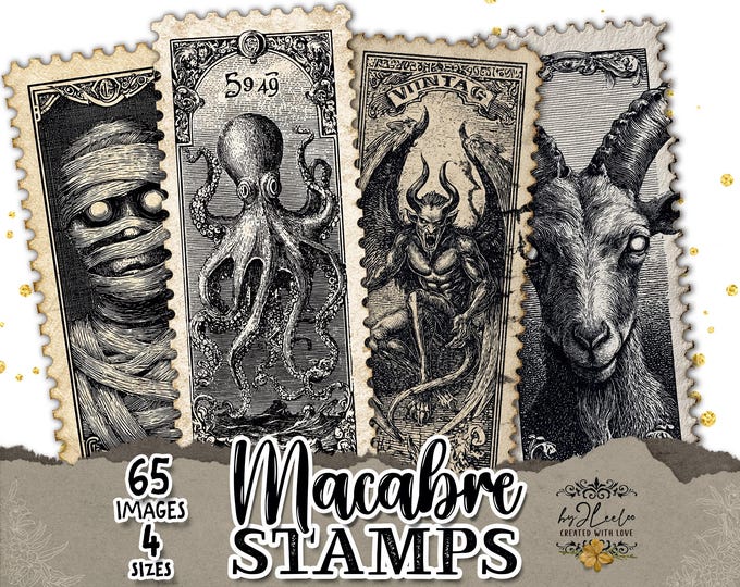 MACABRE STAMPS Collection 65 Vintage Spooky Postage Stamp Illustrations Dark Gothic Halloween Ephemera Junk Journal Printable Sheets | bm135