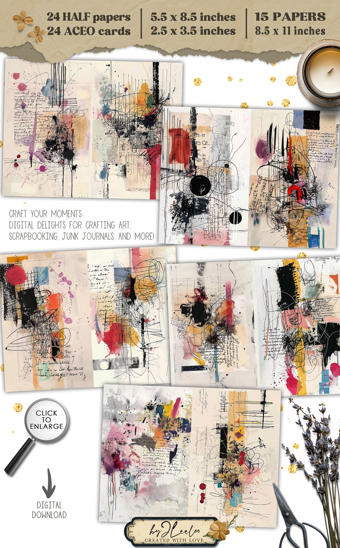 DOODLES PAGES Half Pages Printable | Abstract Junk Journal Mixed Media ...