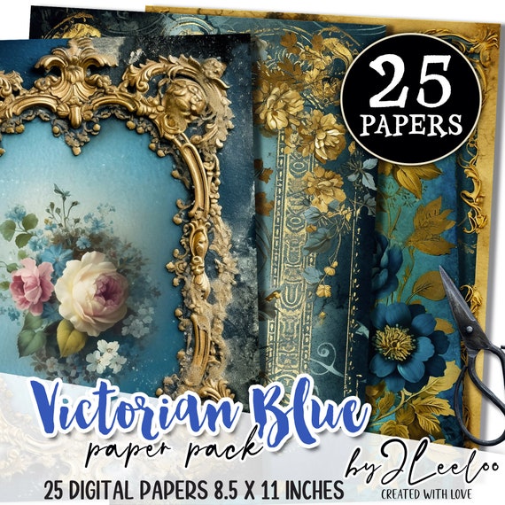 VICTORIAN BLUE french tattered papers | Shabby Chic Junk Journal pages | background vintage card making digital ephemera | pp617
