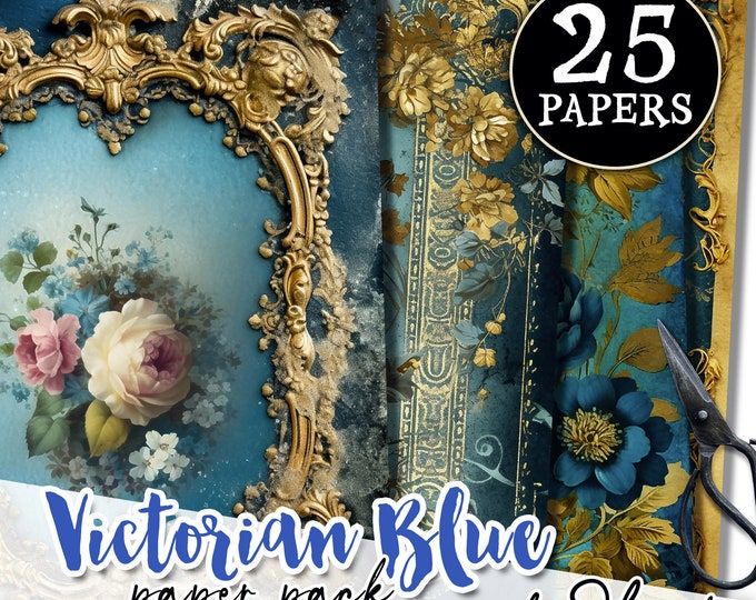 VICTORIAN BLUE french tattered papers | Shabby Chic Junk Journal pages | background vintage card making digital ephemera | pp617