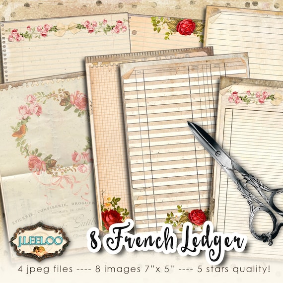FRENCH LEDGER postcards 5x7 inch editable shabby chic digital note pad ledger journal diary scrapbook instant download printable pp439