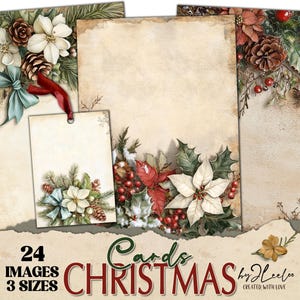 CARTOLINE DI NATALE 3 misure / invito alla ricetta vintage stampabile / cartolina digitale di diario spazzatura / etichette con sfondo rustico CU / pp881