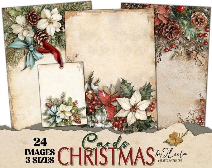 CHRISTMAS CARDS 3 sizes | printable vintage recipe card invitation | junk journal digital postcard | label tags rustic background CU | pp881