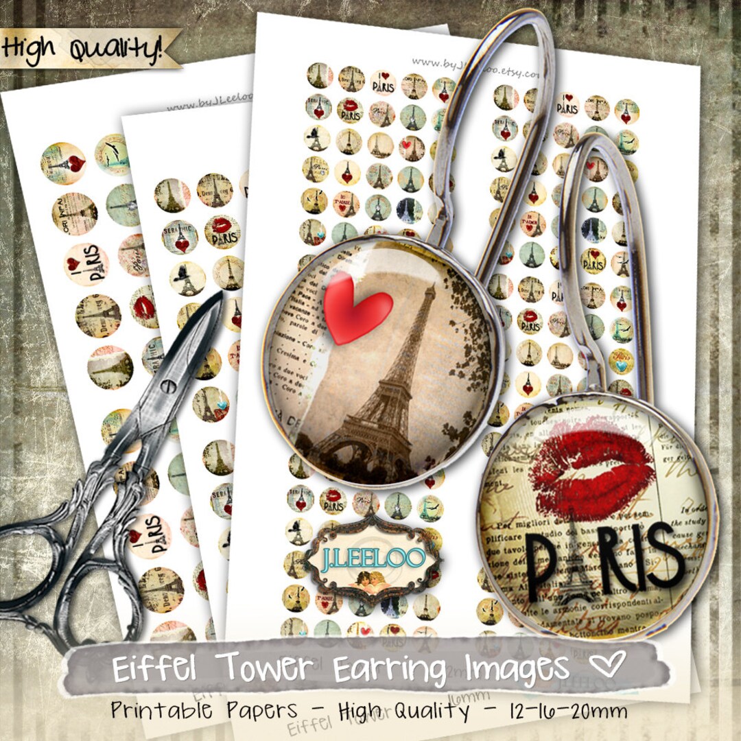 Digital Collage Sheets EIFFEL TOWER 12mm 16mm 20mm Circle Earring Ring ...
