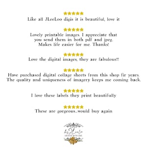 May include: A collection of six five-star customer reviews displayed in black text on a white background. Each review is preceded by five yellow stars. The bottom of the image features a decorative logo with the text by JLeeLoo CREATED WITH LOVE.