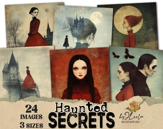 HAUNTED SECRETS 24 images 3 Sizes | Digital Halloween Dark Atmosphere Gothic red gray | Digital Junk Journal Sadness Illustration CU | pp844