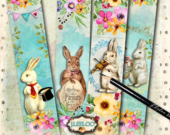EASTER BOOKMARK printable rabbit vintage images instant download Digital collage sheet background paper victorian- bm103