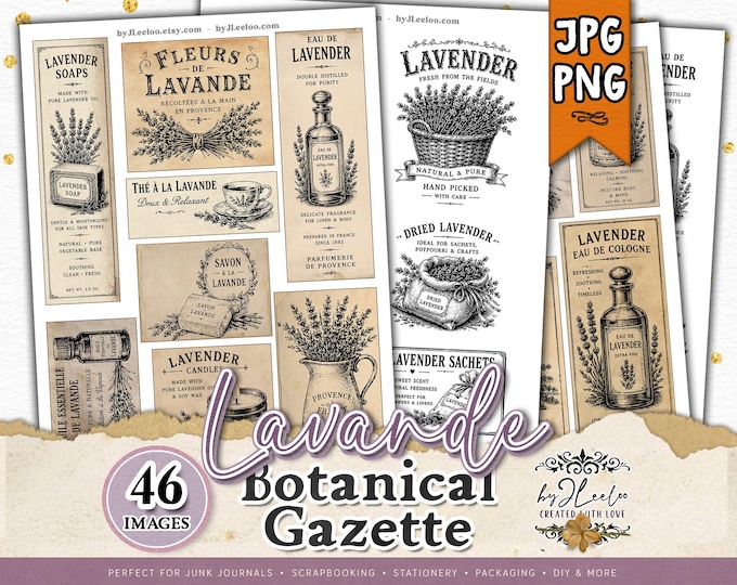 BOTANICAL GAZETTE Lavender Vintage Ads PNG & Printable Sheets, Floral Ephemera, Black Ink Stamp Clipart, cl217