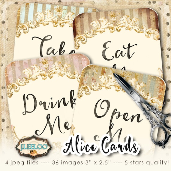 ALICE CARDS take me drink me Alice in Wonderland hang tags cards Shabby chic printable greeting cards Digital collage sheet tl204