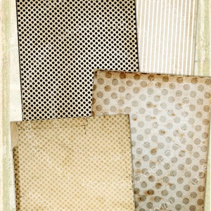 May include: A set of five digital paper textures featuring different patterns. The patterns include polka dots, stripes, and a grid pattern. The papers are in shades of brown and beige.
