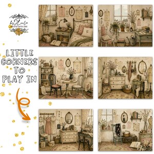 Puede incluir: Un collage de seis ilustraciones en acuarela que representan escenas de interiores acogedoras. Cada escena presenta muebles vintage, arreglos florales y elementos decorativos. El texto "LITTLE CORNERS TO PLAY IN" es visible en la imagen.