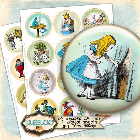 Digital printable ALICE 2.5 inch circle sheets hand recolored large paper goods chic vintage pendant craft instant download tn412