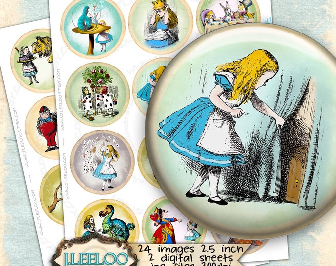 Digital printable ALICE 2.5 inch circle sheets hand recolored large paper goods chic vintage pendant craft instant download tn412
