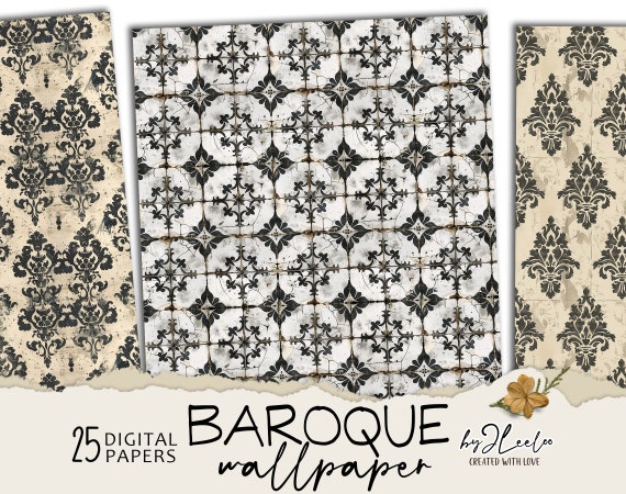 BAROQUE WALLPAPER | Neutral tone texture Backdrop | Background Grunge Textures - Natural Black and Beige pattern decoration paper | pp776