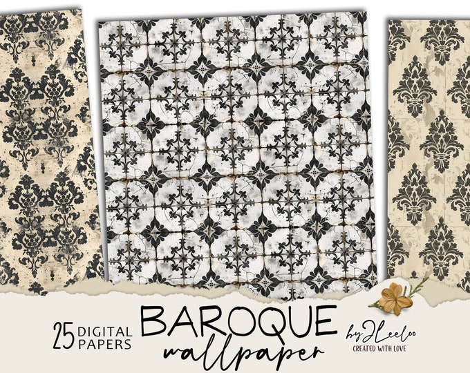 BAROQUE WALLPAPER | Neutral tone texture Backdrop | Background Grunge Textures - Natural Black and Beige pattern decoration paper | pp776