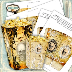 SKULL n POPCORN Digital collage sheet halloween horror popcorn template gift box scary party craft instant download printable pp302