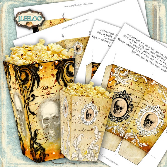 SKULL n POPCORN Digital collage sheet halloween horror popcorn template gift box scary party craft instant download printable pp302