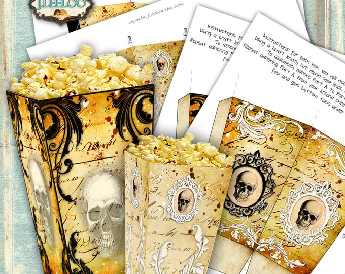 SKULL n POPCORN Digital collage sheet halloween horror popcorn template gift box scary party craft instant download printable pp302