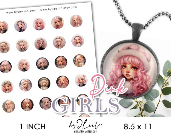 PINK GIRLS 1 inch printable cute illustration | supplies round pendants, bezel trays, glass cabochon mountings, cameo settings | tn686