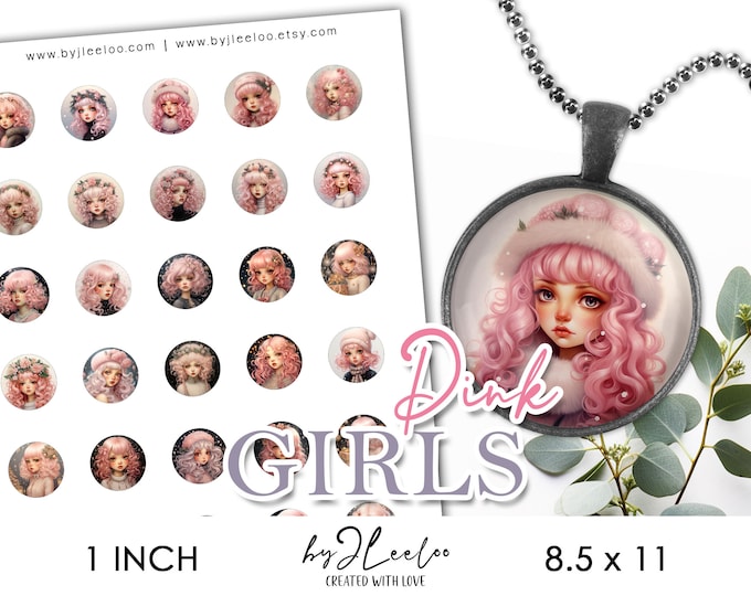 PINK GIRLS 1 inch printable cute illustration | supplies round pendants, bezel trays, glass cabochon mountings, cameo settings | tn686