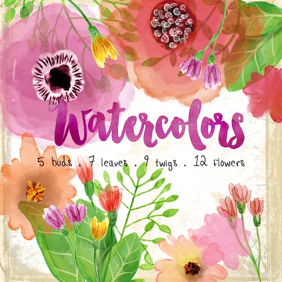 Digital watercolors clipart  WATERCOLORS flowers png jpg for scrapbooking invitations labels cards papers instant hand painted wa101