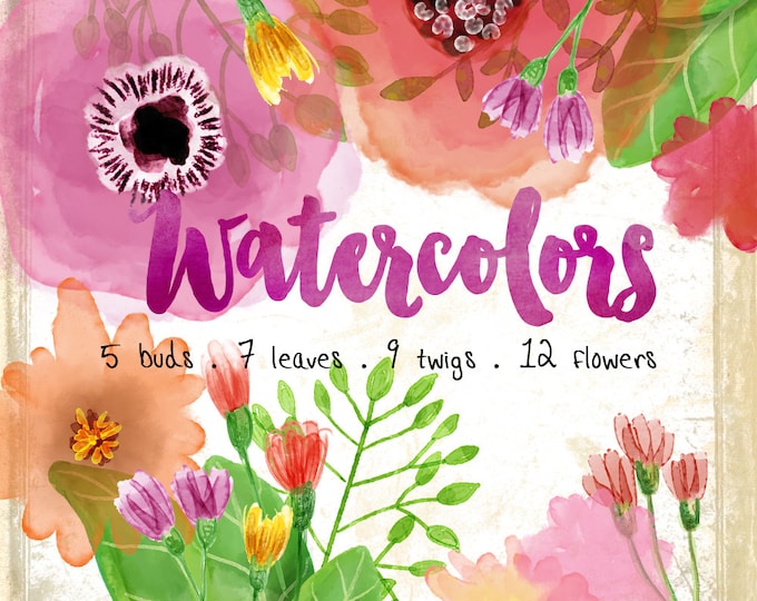 Digital watercolors clipart  WATERCOLORS flowers png jpg for scrapbooking invitations labels cards papers instant hand painted wa101