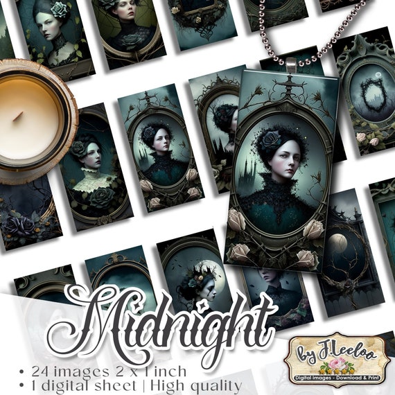 MIDNIGHT printable domino pendants | gothic sheet digital images | melanconic woman | dark flower vintage | instant download do163