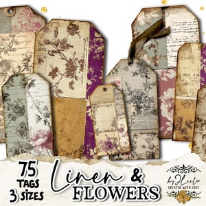 LEINEN und BLUMEN viktorianische Blumen Tags | Junk Journal Kit, druckbare Ephemera, rustikale botanische digitale Papiere vintage scrapbooking | tl326