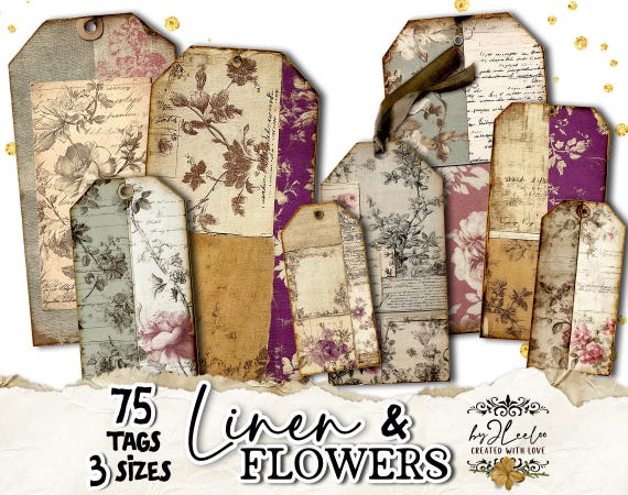LINEN and FLOWERS Victorian Floral Tags | Junk Journal Kit, Printable Ephemera, Rustic Botanical Digital Papers vintage scrapbooking | tl326