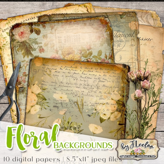 FLORAL BACKGROUNDS Digital Vintage Ephemera for Junk Journals - Grunge Floral Ephemera - Digital Floral Papers Download pp543